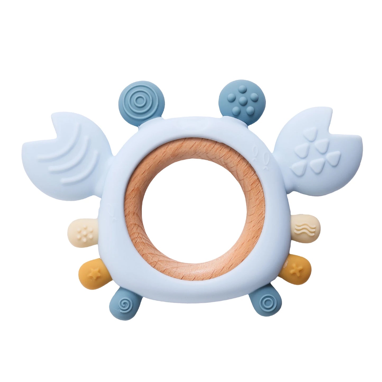 🦀 Anneau de Dentition en Silicone & Bois – Bébé heureux dès la naissance 🌈✨