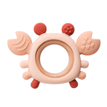 🦀 Anneau de Dentition en Silicone & Bois – Bébé heureux dès la naissance 🌈✨