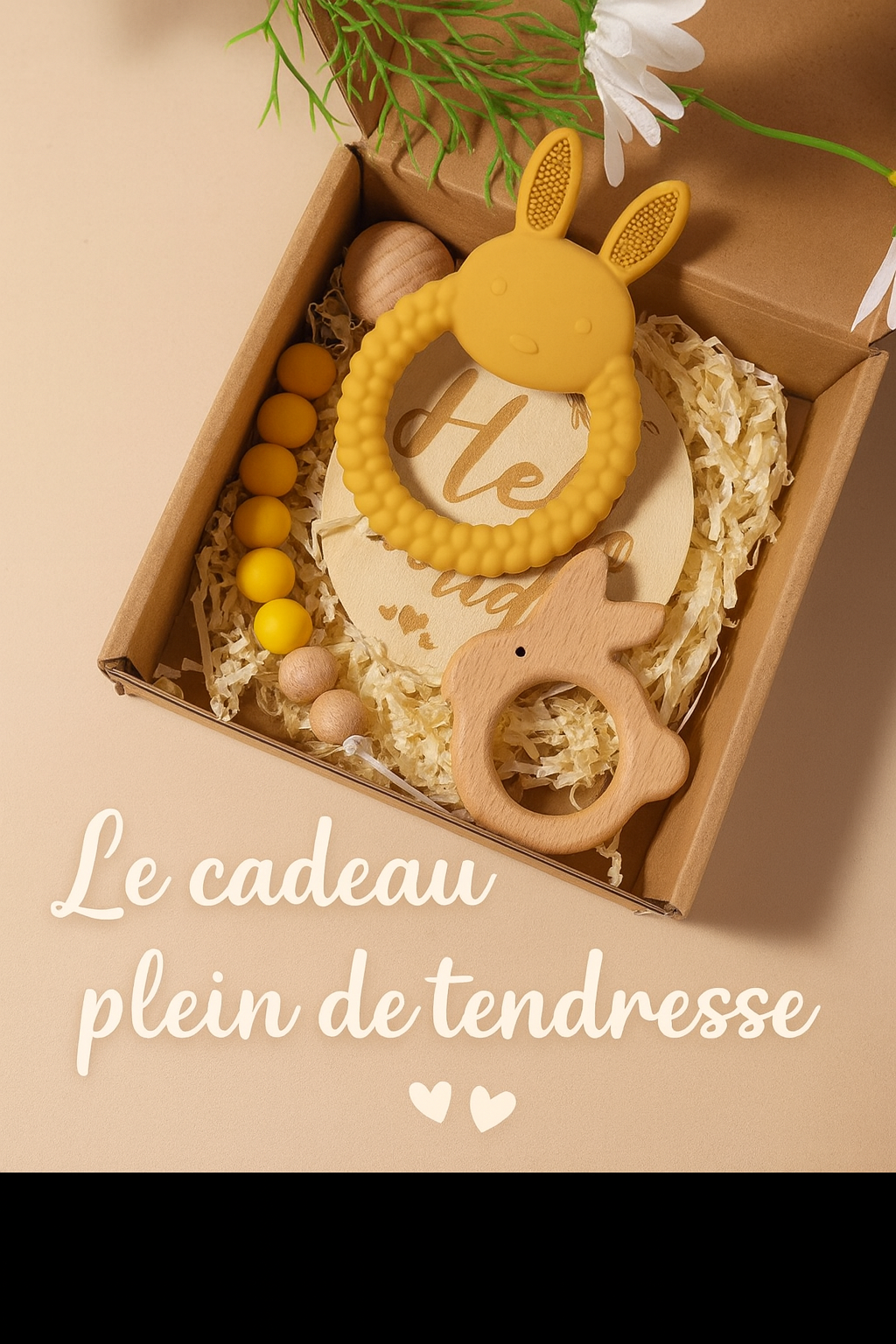 🎁 Coffret Cadeau Naissance – Anneau de Dentition Lapin & Hochet en Bois