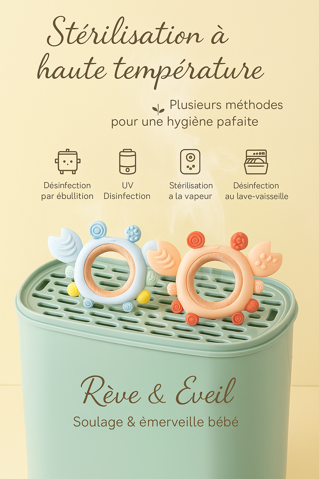 🦀 Anneau de Dentition en Silicone & Bois – Bébé heureux dès la naissance 🌈✨