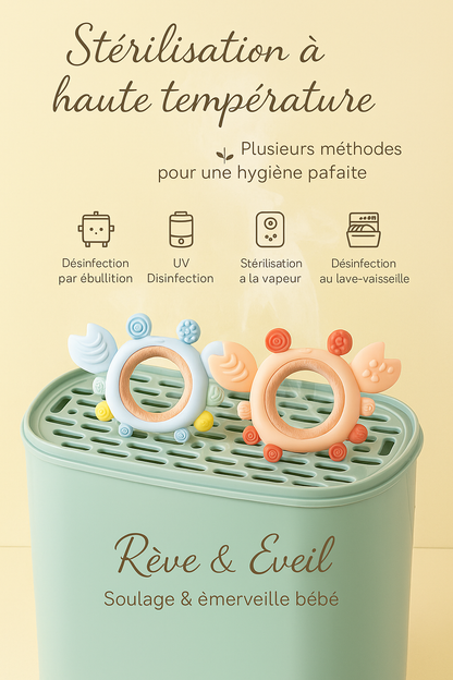 🦀 Anneau de Dentition en Silicone & Bois – Bébé heureux dès la naissance 🌈✨