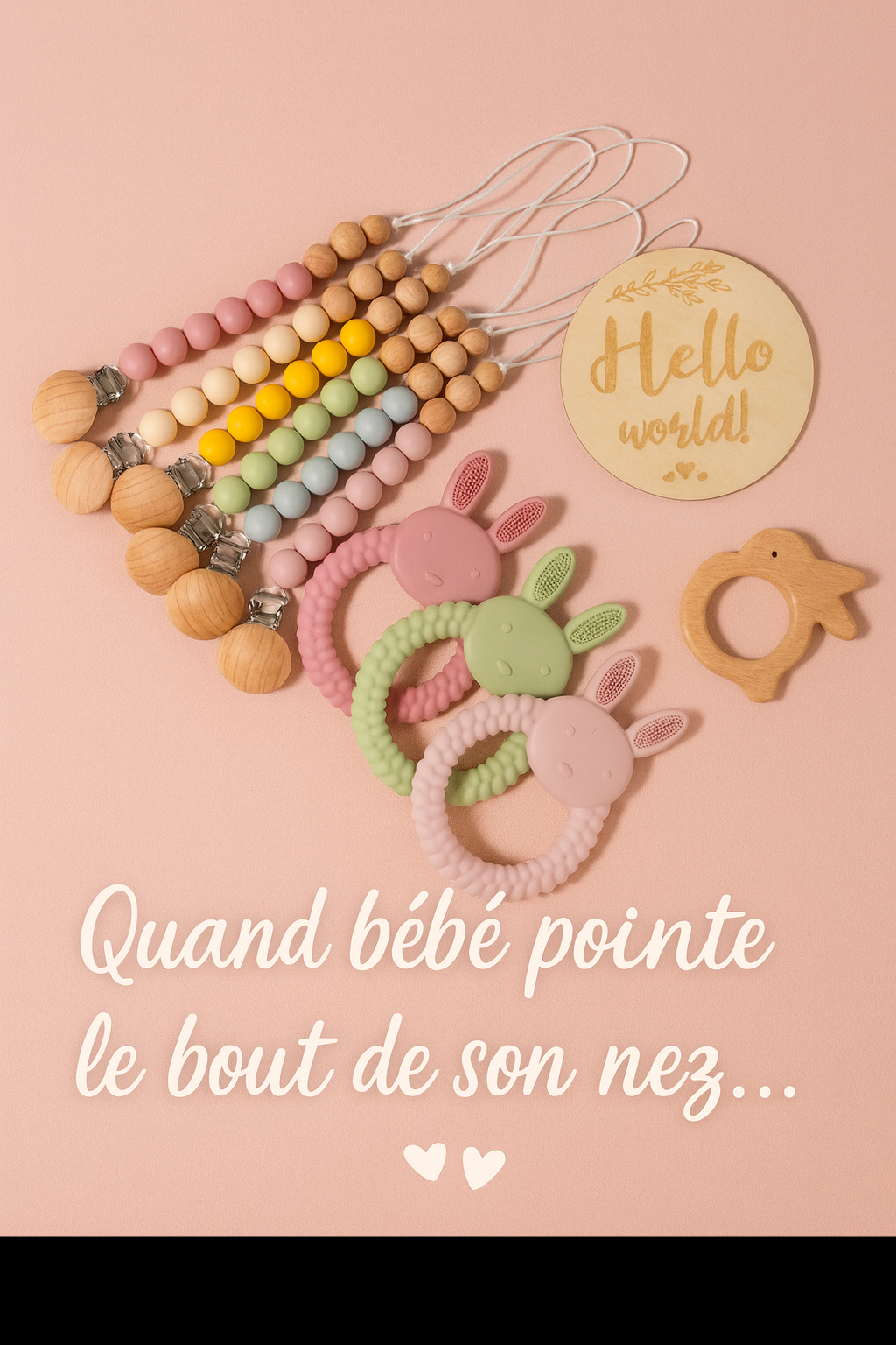 🎁 Coffret Cadeau Naissance – Anneau de Dentition Lapin & Hochet en Bois