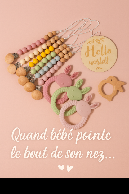 🎁 Coffret Cadeau Naissance – Anneau de Dentition Lapin & Hochet en Bois