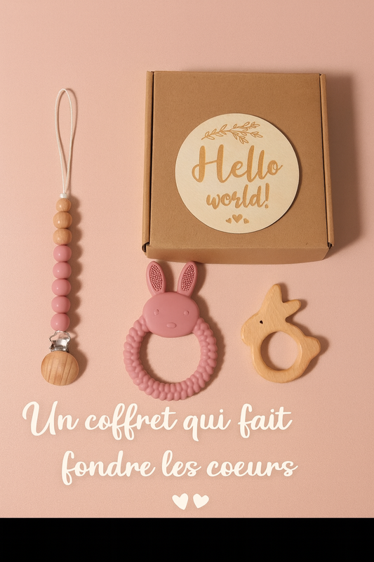 🎁 Coffret Cadeau Naissance – Anneau de Dentition Lapin & Hochet en Bois