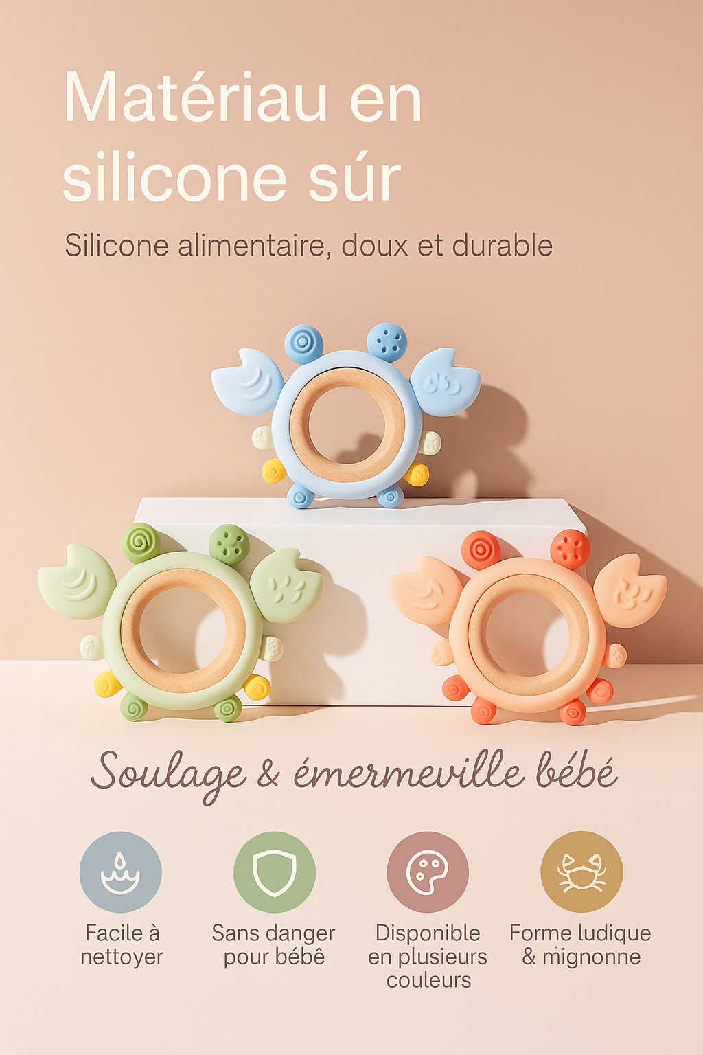 🦀 Anneau de Dentition en Silicone & Bois – Bébé heureux dès la naissance 🌈✨