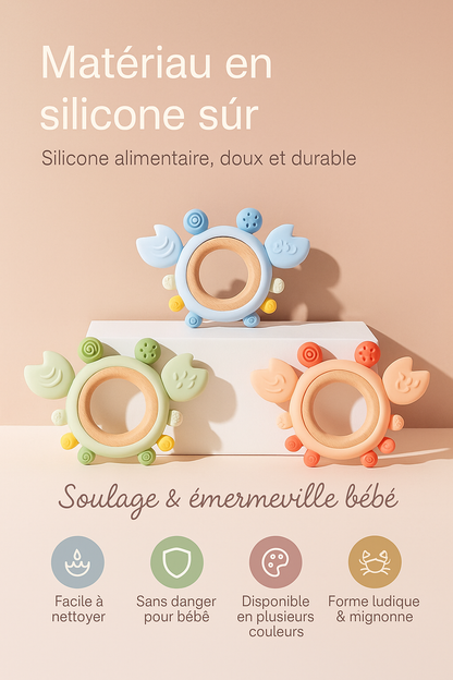 🦀 Anneau de Dentition en Silicone & Bois – Bébé heureux dès la naissance 🌈✨