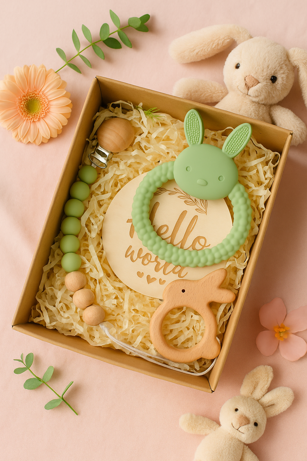 🎁 Coffret Cadeau Naissance – Anneau de Dentition Lapin & Hochet en Bois