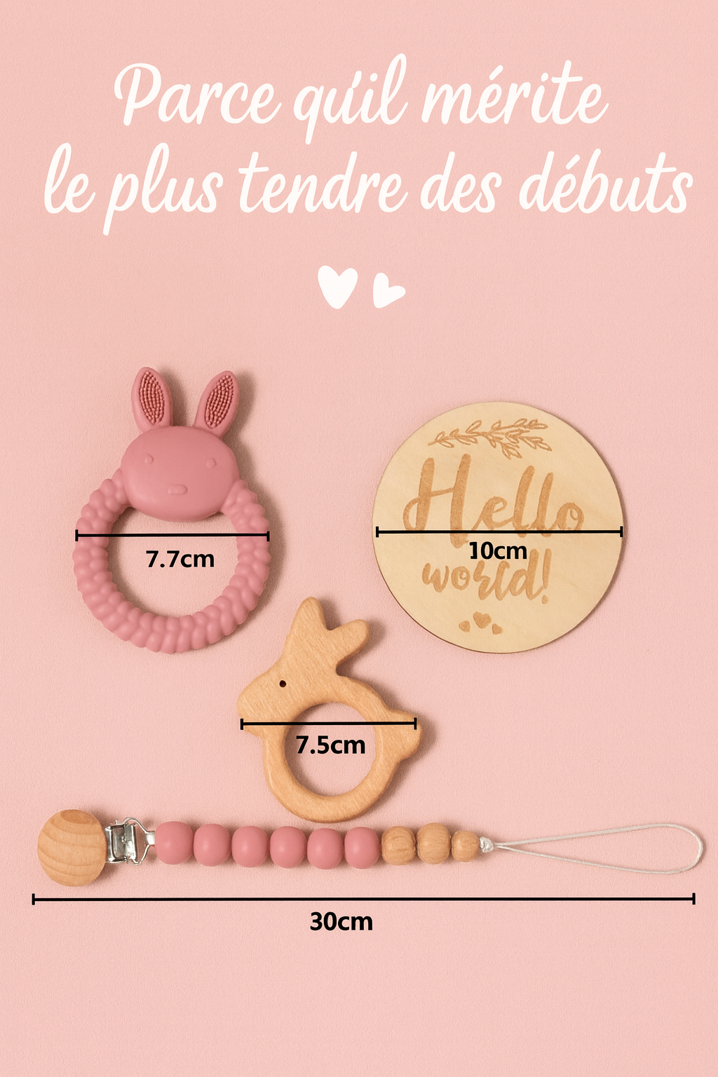 🎁 Coffret Cadeau Naissance – Anneau de Dentition Lapin & Hochet en Bois