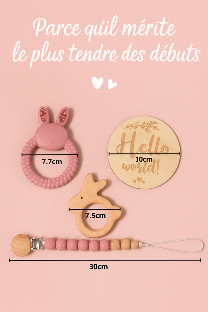 🎁 Coffret Cadeau Naissance – Anneau de Dentition Lapin & Hochet en Bois