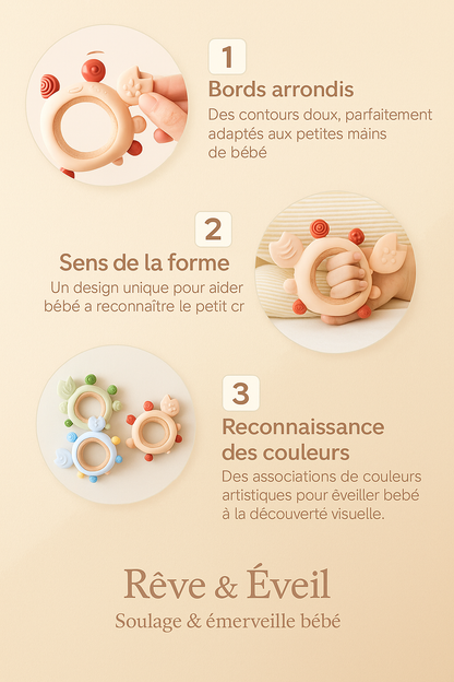 🦀 Anneau de Dentition en Silicone & Bois – Bébé heureux dès la naissance 🌈✨