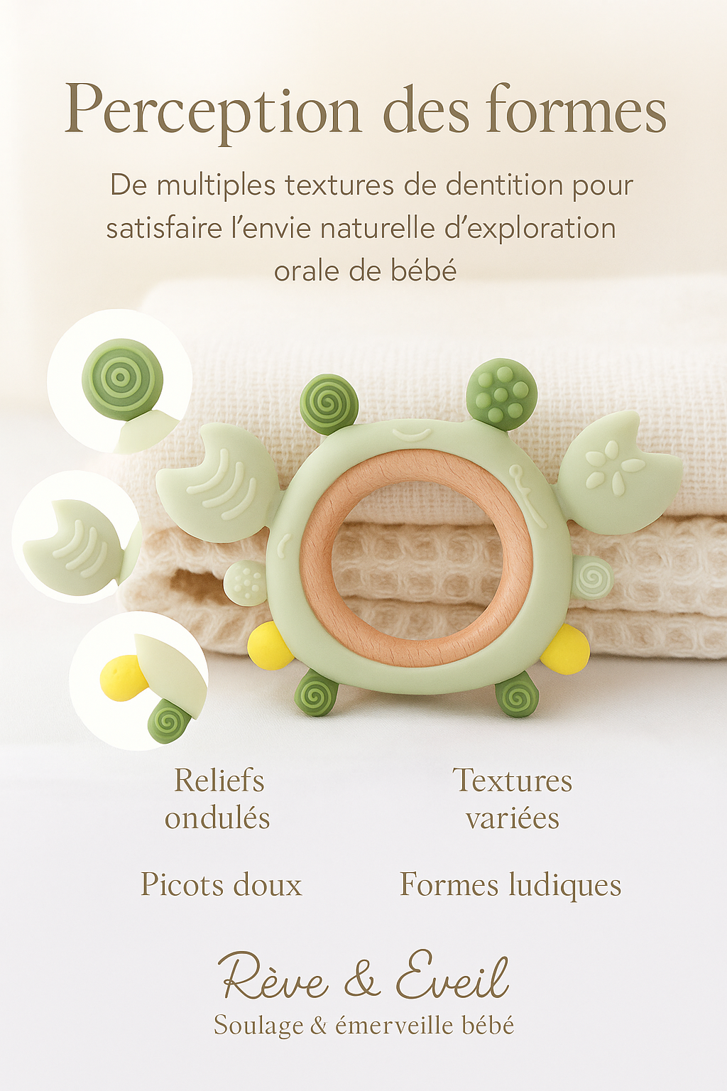 🦀 Anneau de Dentition en Silicone & Bois – Bébé heureux dès la naissance 🌈✨
