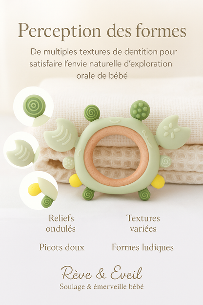 🦀 Anneau de Dentition en Silicone & Bois – Bébé heureux dès la naissance 🌈✨