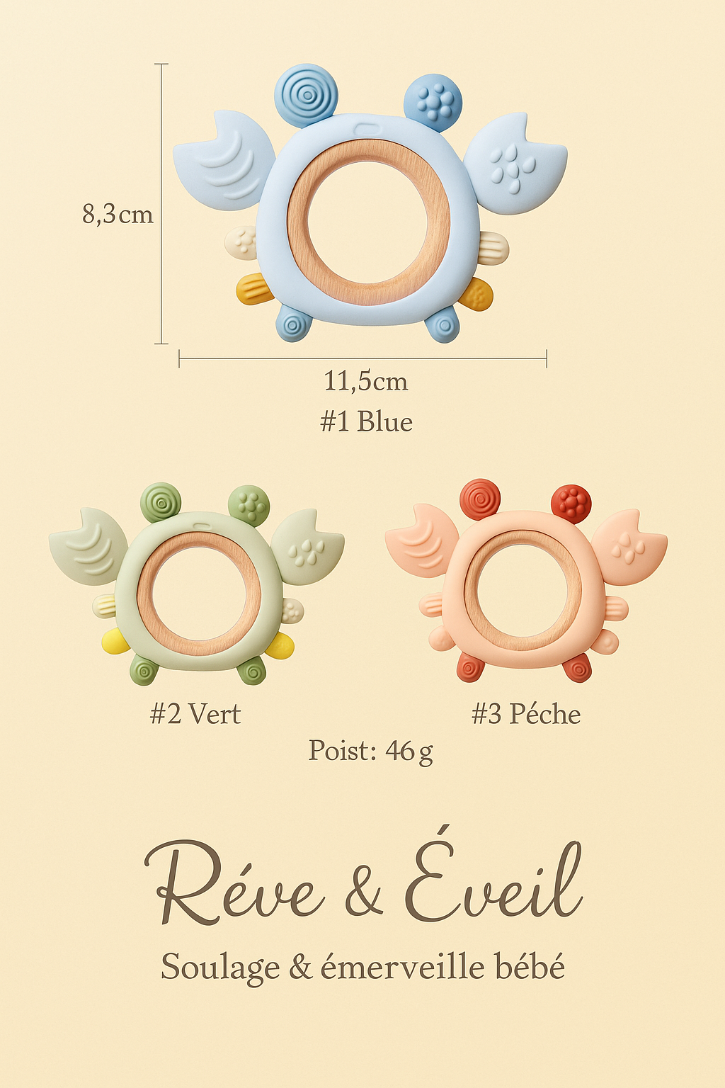 🦀 Anneau de Dentition en Silicone & Bois – Bébé heureux dès la naissance 🌈✨