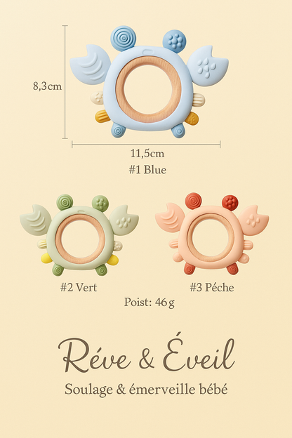 🦀 Anneau de Dentition en Silicone & Bois – Bébé heureux dès la naissance 🌈✨