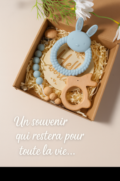 🎁 Coffret Cadeau Naissance – Anneau de Dentition Lapin & Hochet en Bois