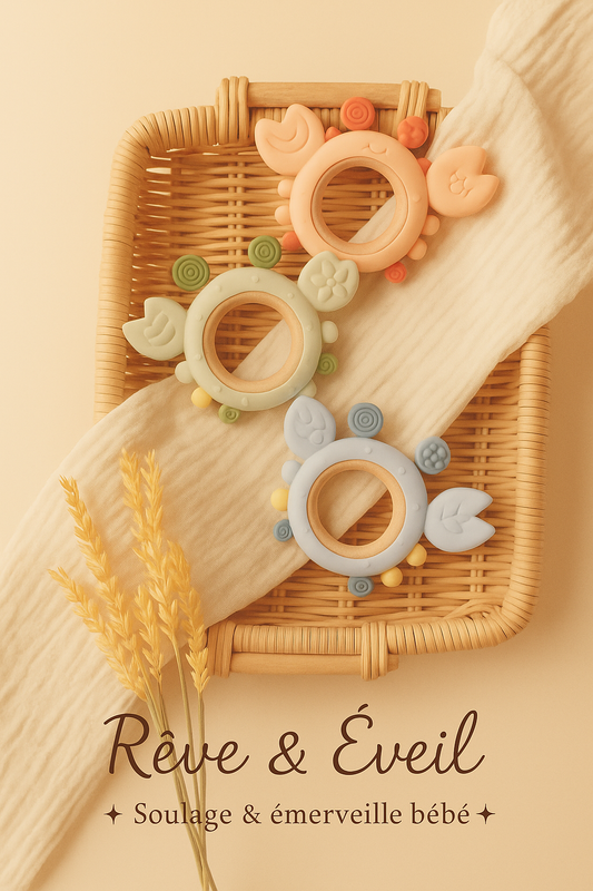 🦀 Anneau de Dentition en Silicone & Bois – Bébé heureux dès la naissance 🌈✨